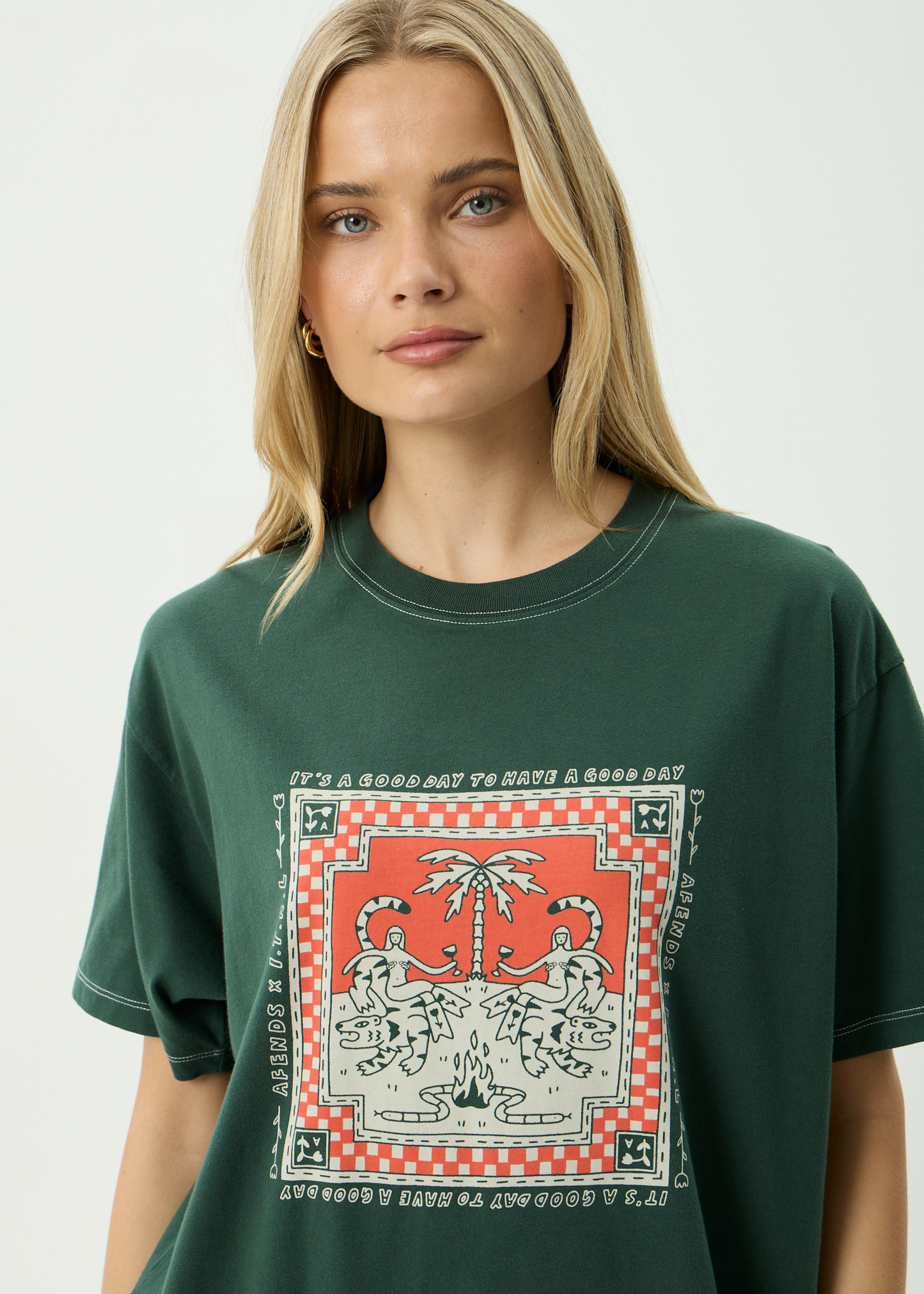 AFENDS Womens Have A Good Day - Oversized Tee - Pine