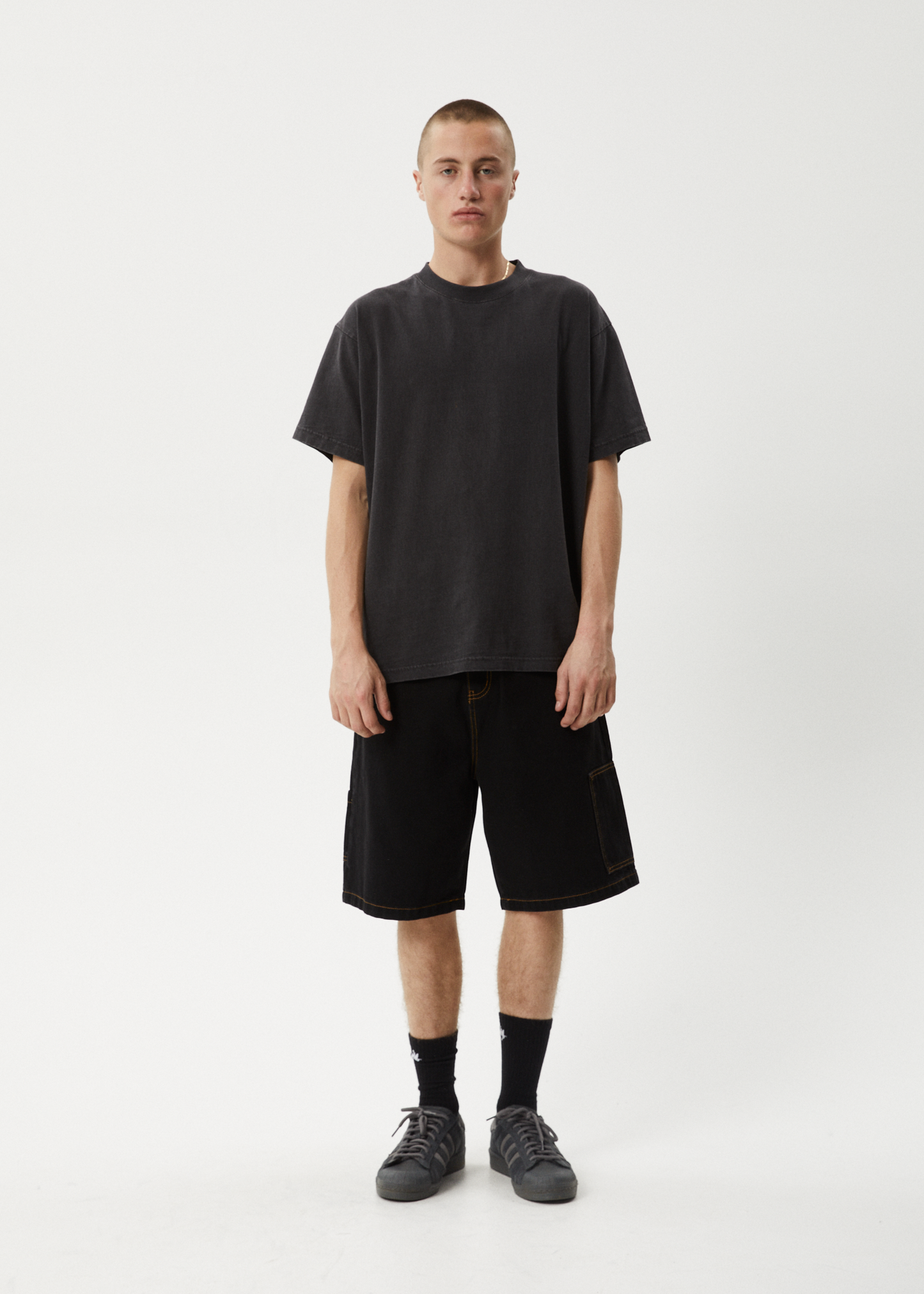 AFENDS Mens Scorched Harper - Denim Baggy Workwear Short 22" - Washed Black