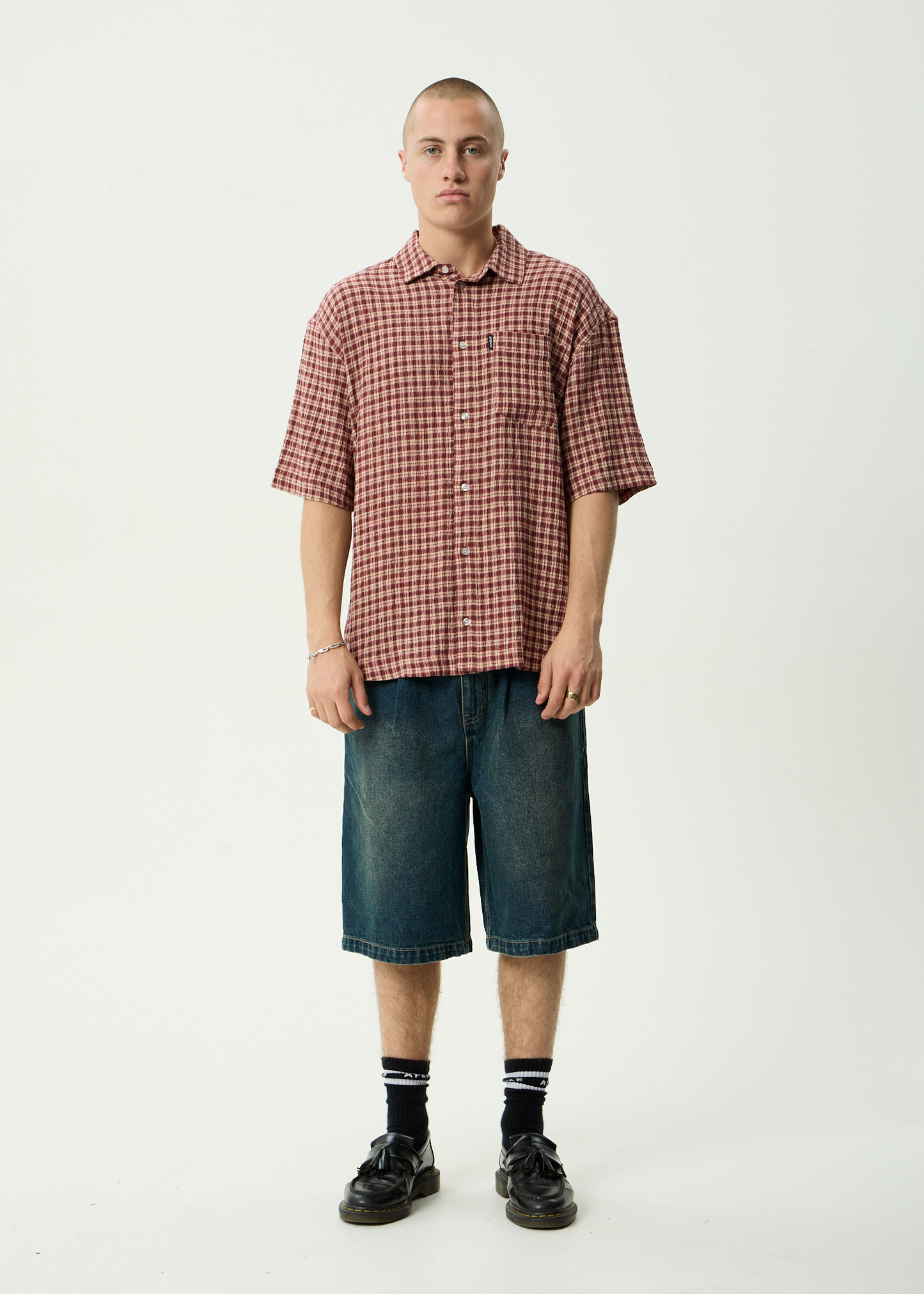 AFENDS Mens Capricorn - Seersucker Short Sleeve Shirt - Burgundy / Beige Check