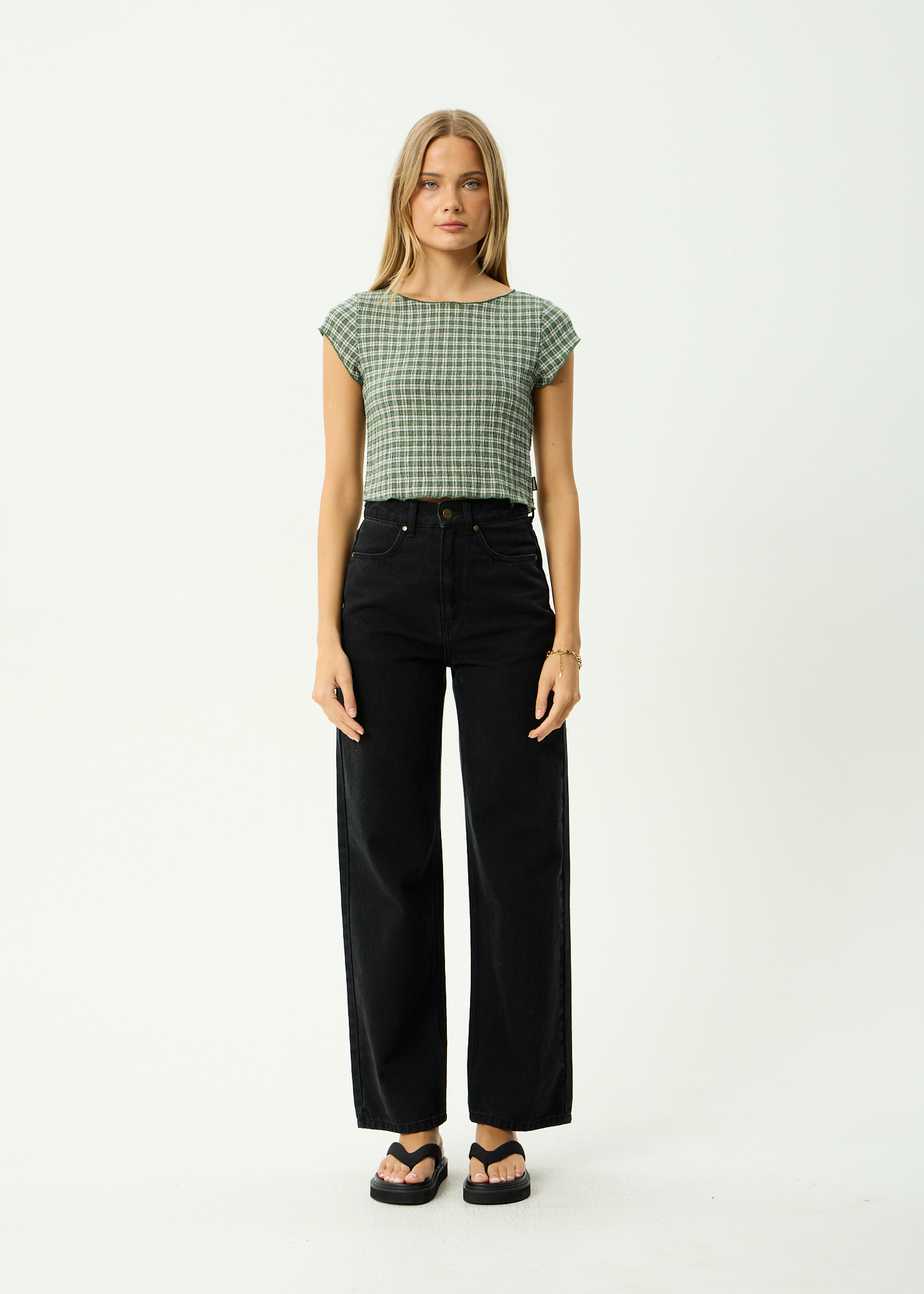 AFENDS Womens Darcy - Seersucker Top - Deep Green Check