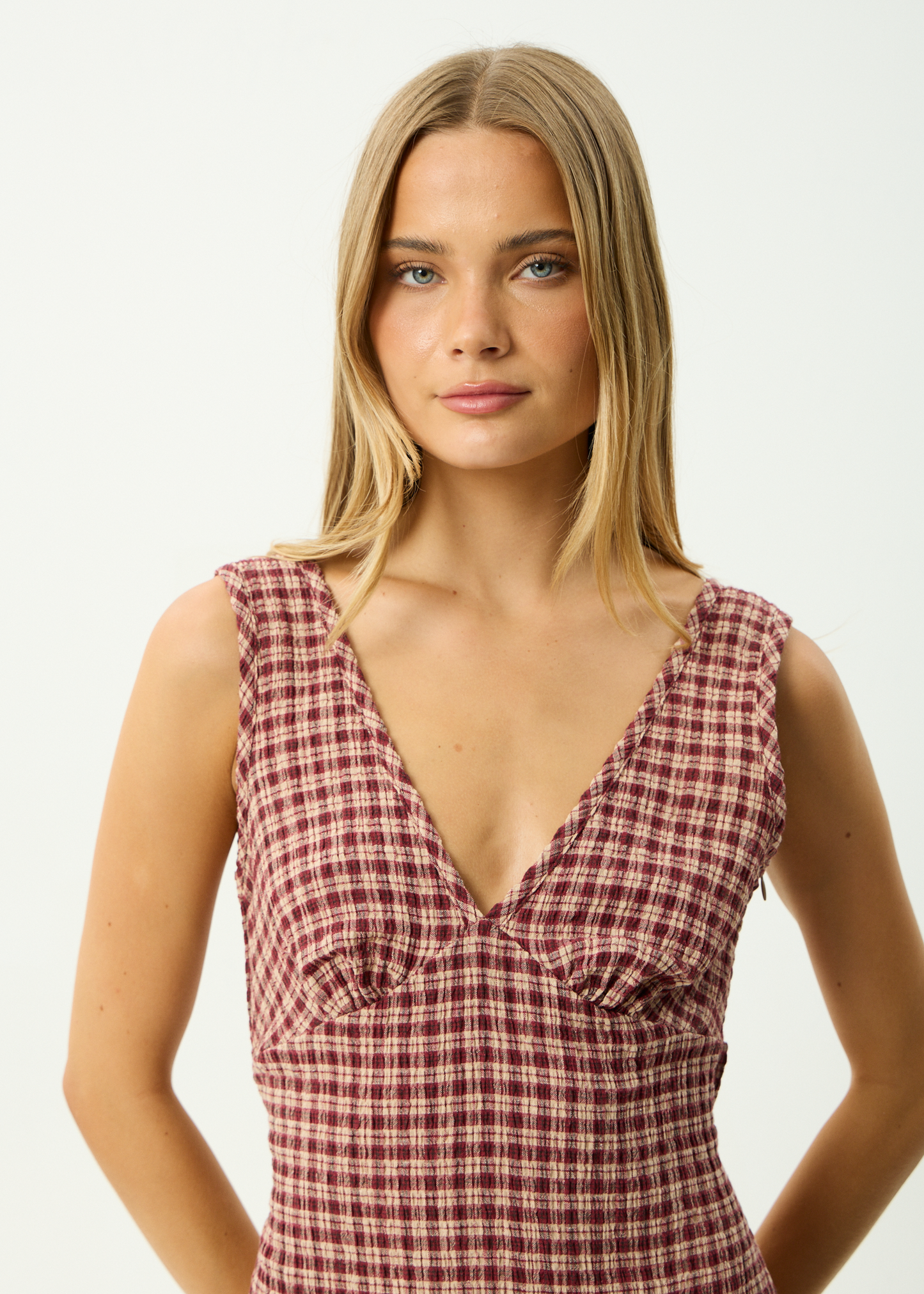 AFENDS Womens Capricorn - Seersucker Mini Dress - Burgundy / Beige Check