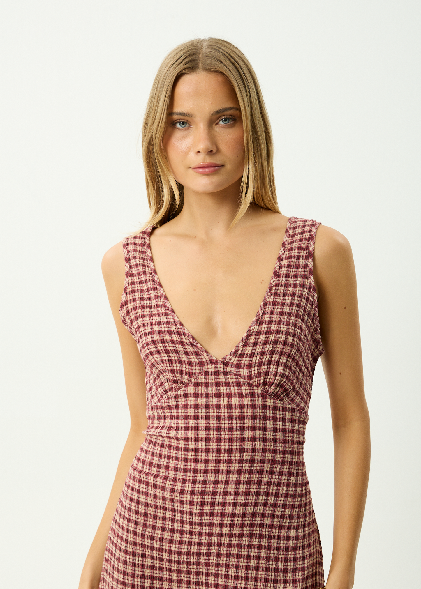 AFENDS Womens Tully - Seersucker Maxi Dress - Capricorn Burgundy / Beige Check