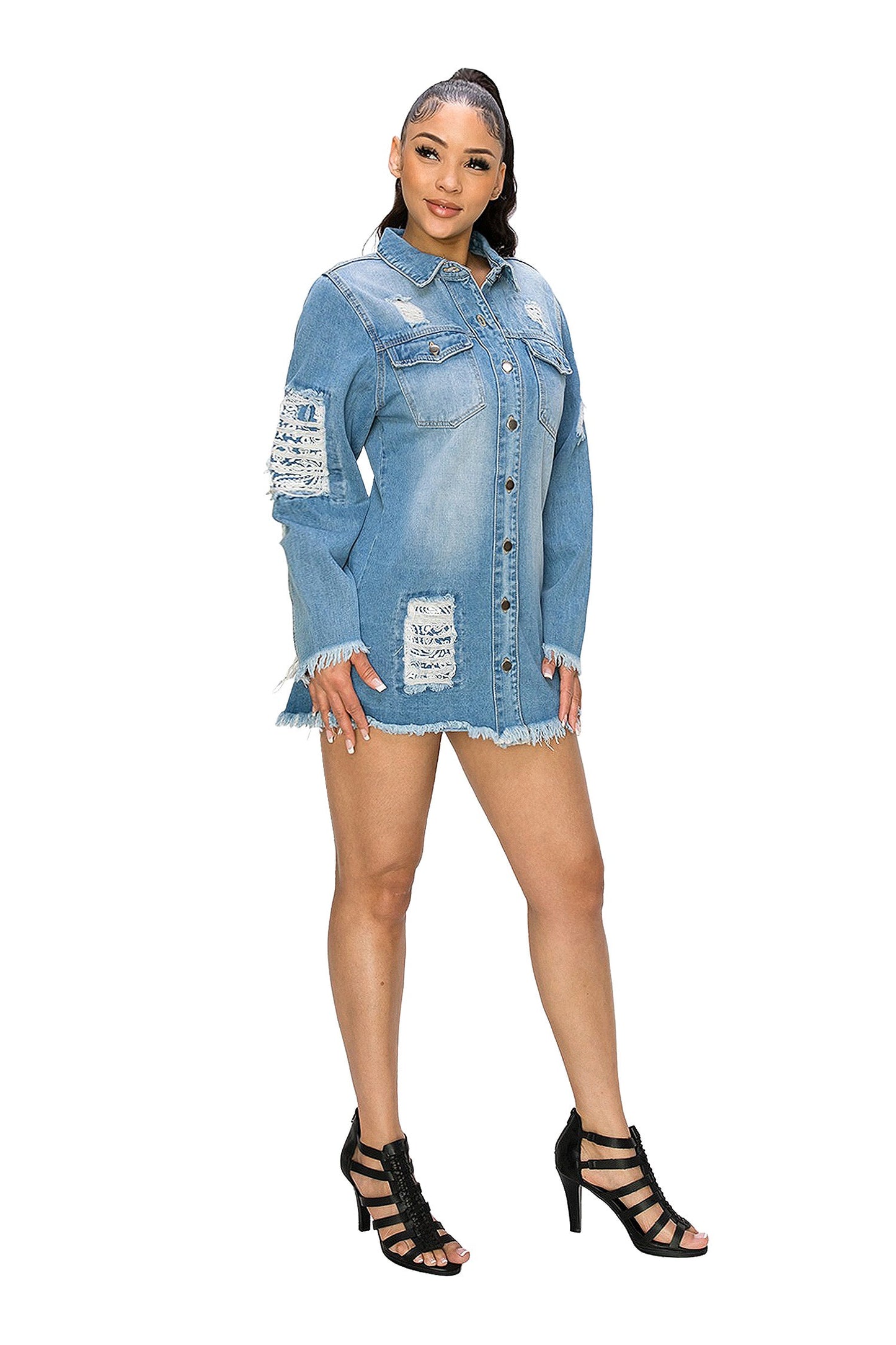 Women's Bandana Distressed Oversized Long Button Denim Shirt