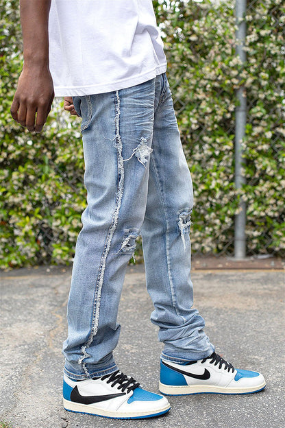 Men's Stacked Fit Raw Edge Distressed Denim Jeans