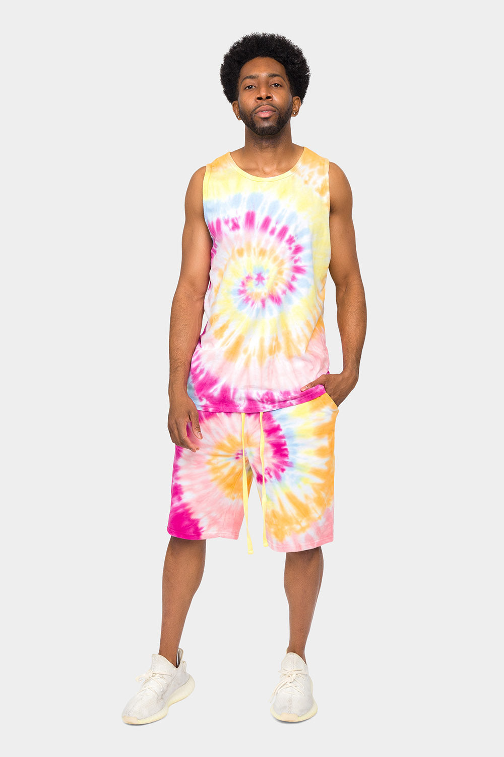 Pastel Contrast Swirl Tie Dye Cotton Tank Top Shorts Set