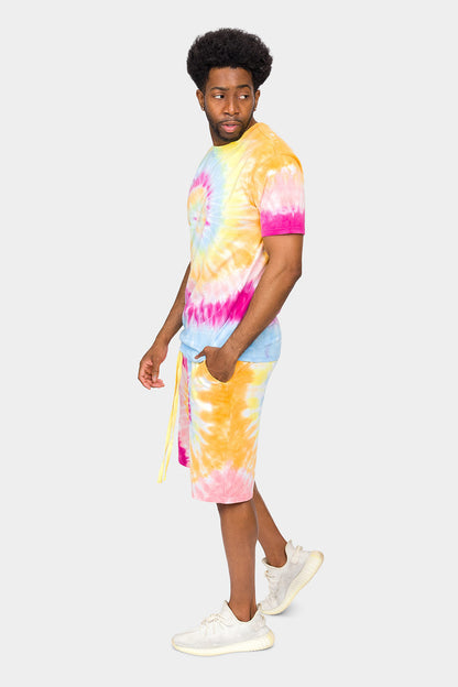 Pastel Contrast Swirl Tie Dye Cotton Shirt Shorts Set
