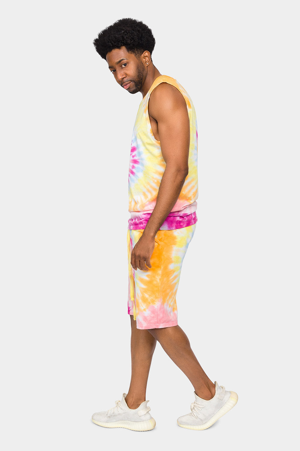 Pastel Contrast Swirl Tie Dye Cotton Tank Top Shorts Set