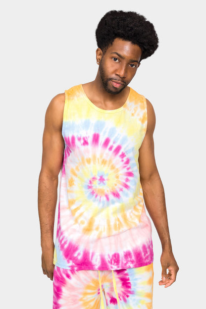 Pastel Contrast Swirl Tie Dye Cotton Tank Top Shorts Set