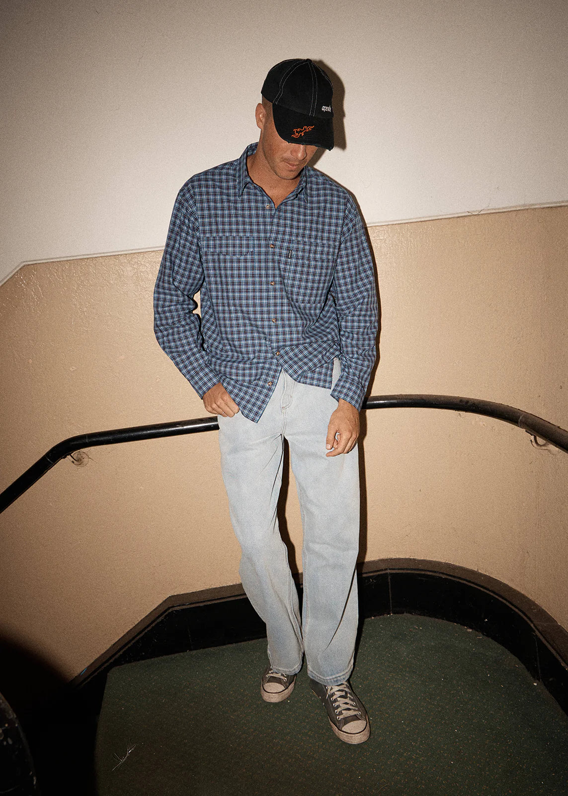 AFENDS Mens Mountains - Oversized Long Sleeve Shirt - Navy Check