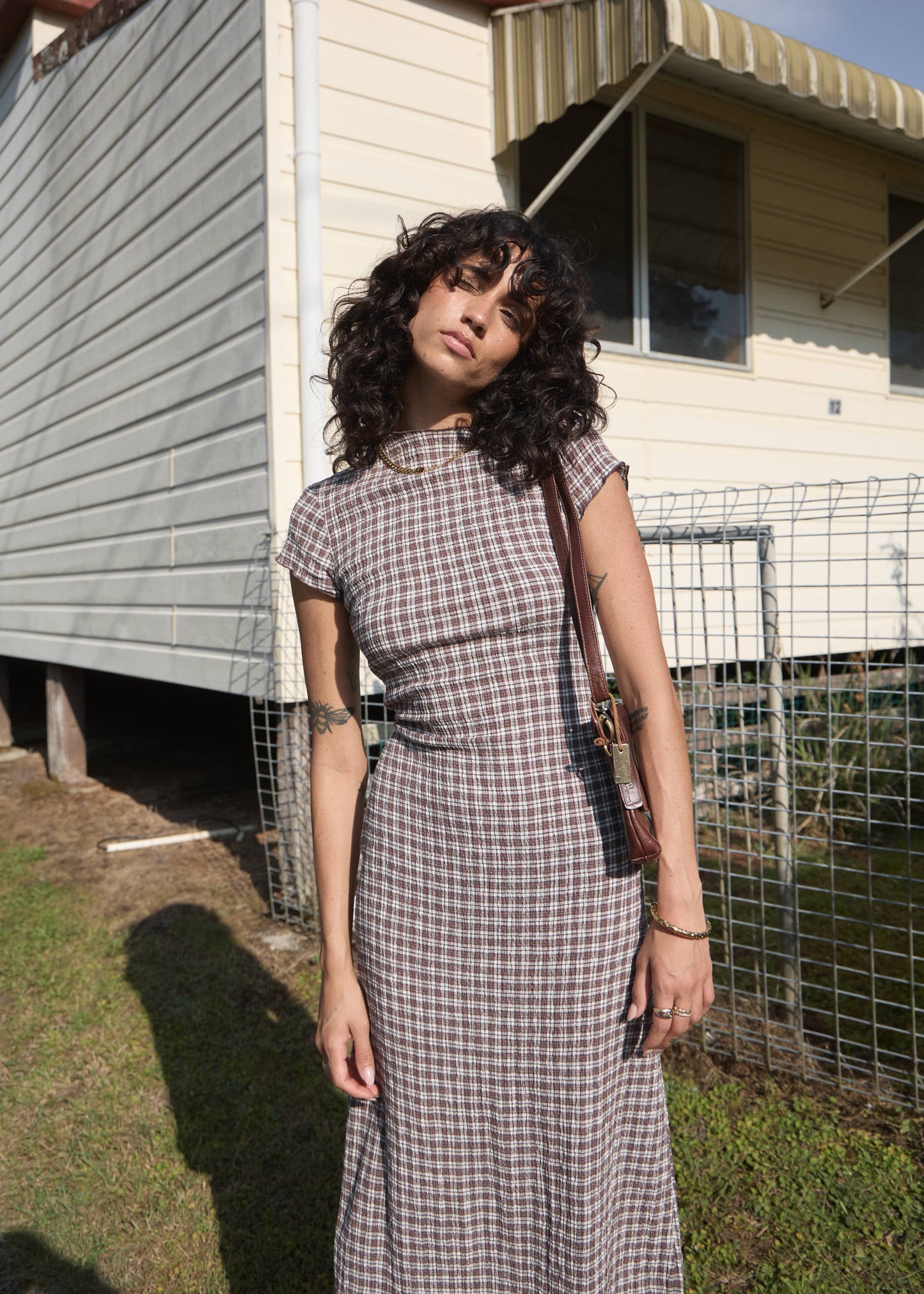 AFENDS Womens Elodie - Seersucker Midi Dress - Base Coffee Check