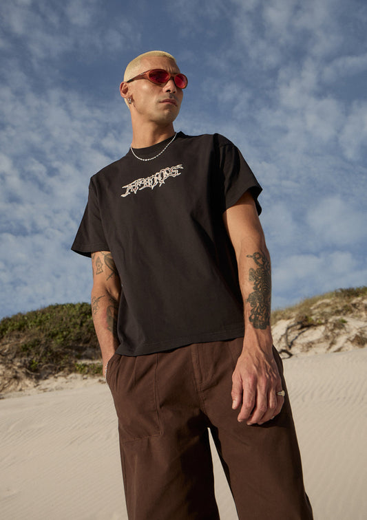 AFENDS Mens Kharma -  Heavyweight Boxy Tee - Stone Black