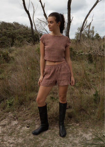 AFENDS Womens Capricorn - Seersucker Short - Burgundy / Beige Check