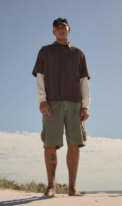 AFENDS Mens Reverb -  Seersucker Short Sleeve Shirt - Chocolate Check
