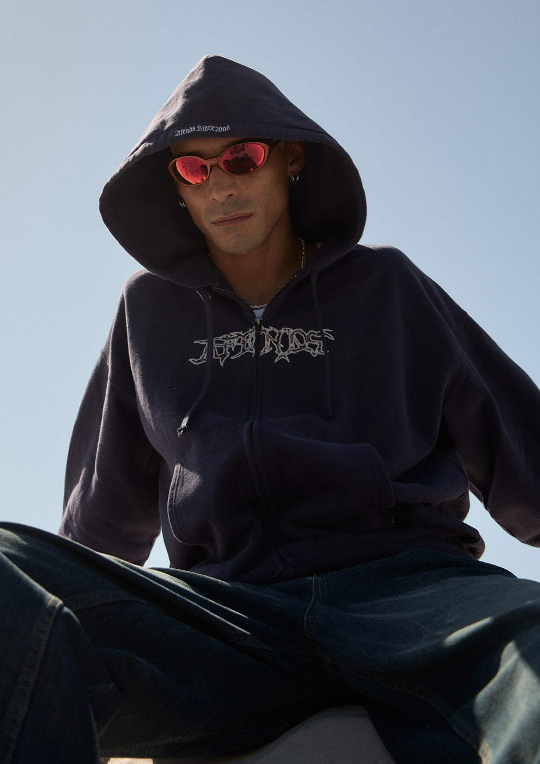 AFENDS Mens Kharma -  Boxy Zip Hood - Washed Deep Sea