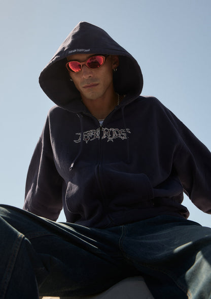 AFENDS Mens Kharma -  Boxy Zip Hood - Washed Deep Sea