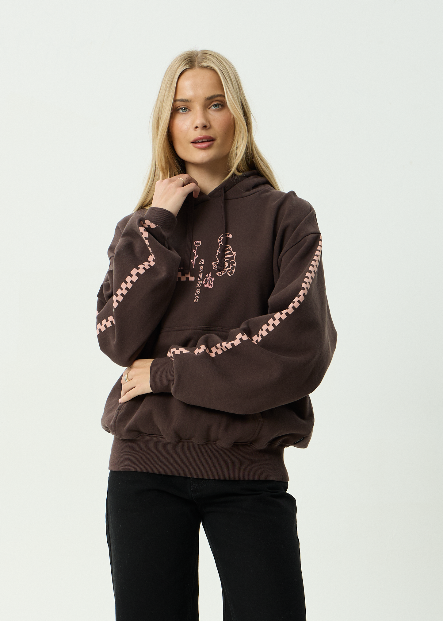 AFENDS Womens Reality Check - Boxy Pull On Hood - Coffee