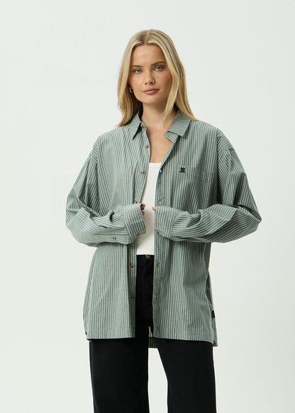 AFENDS Mens Pinned - Oversized Striped Long Sleeve Shirt - Sycamore Stripe