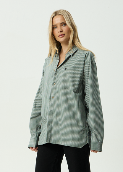AFENDS Mens Pinned - Oversized Striped Long Sleeve Shirt - Sycamore Stripe