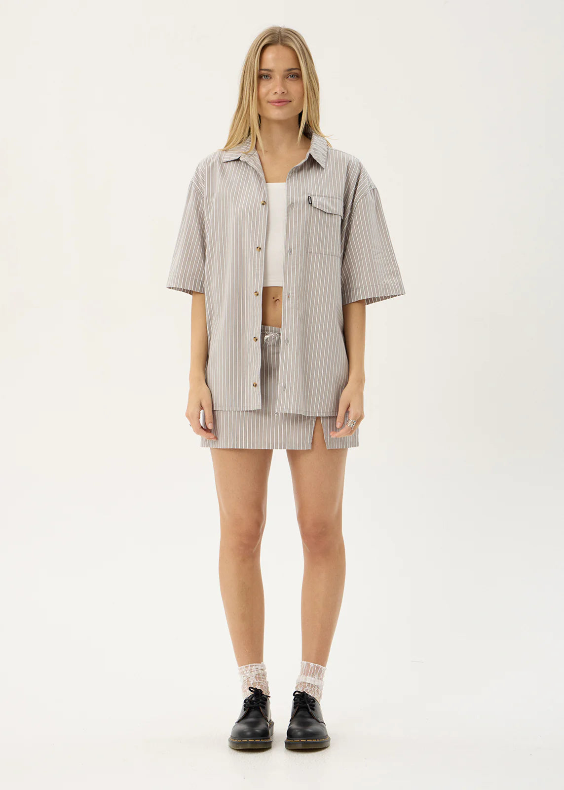 AFENDS Mens Lennox - Short Sleeve Shirt - Olive Stripe
