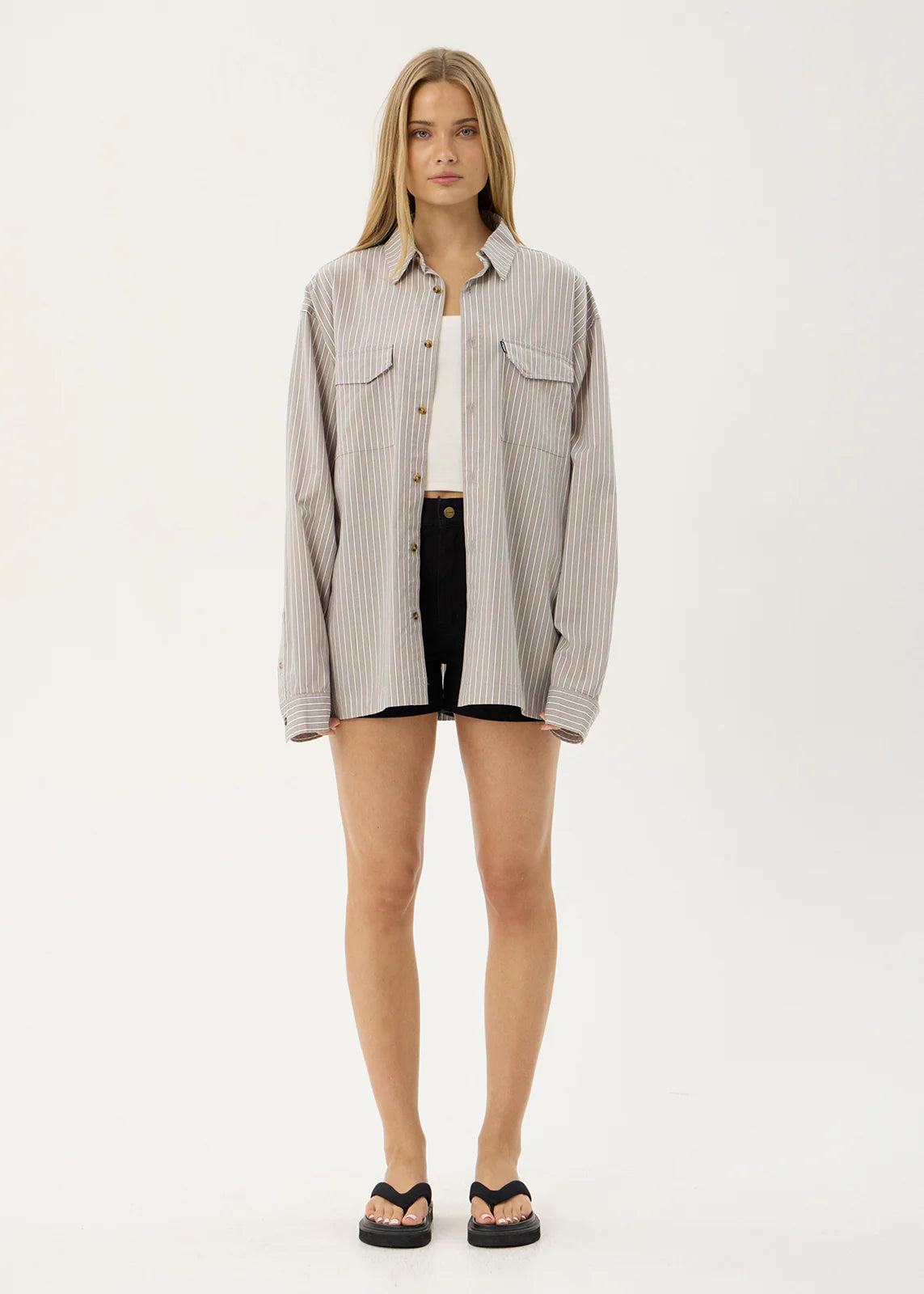 AFENDS Mens Lennox - Oversized Long Sleeve Shirt - Olive Stripe
