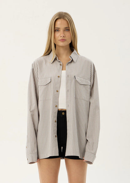 AFENDS Mens Lennox - Oversized Long Sleeve Shirt - Olive Stripe