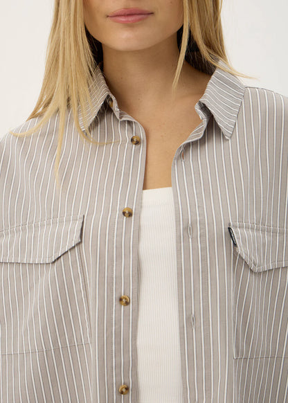 AFENDS Mens Lennox - Oversized Long Sleeve Shirt - Olive Stripe