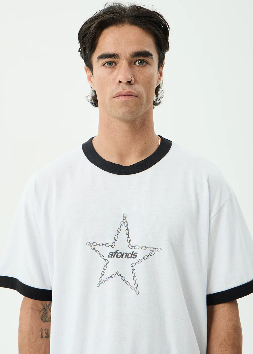 AFENDS Mens Chains - Boxy Ringer Tee - White