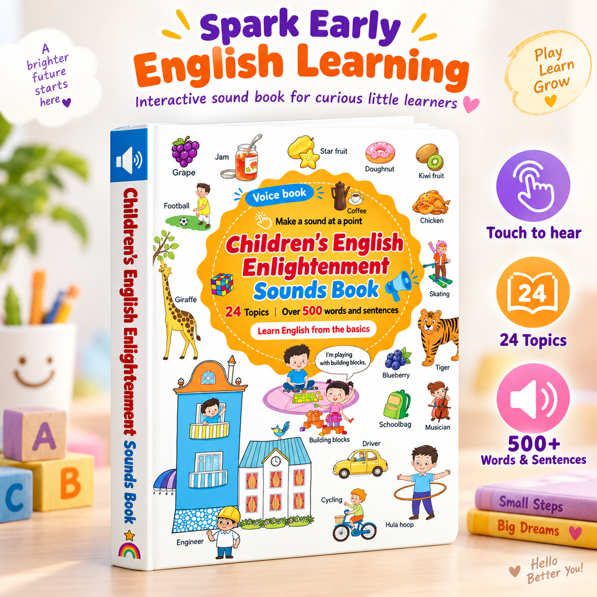 ✨ Interactive English Learning Sound Book – 500+ Words & Sentences, 24 Topics, Touch-Activated Audio for Kids