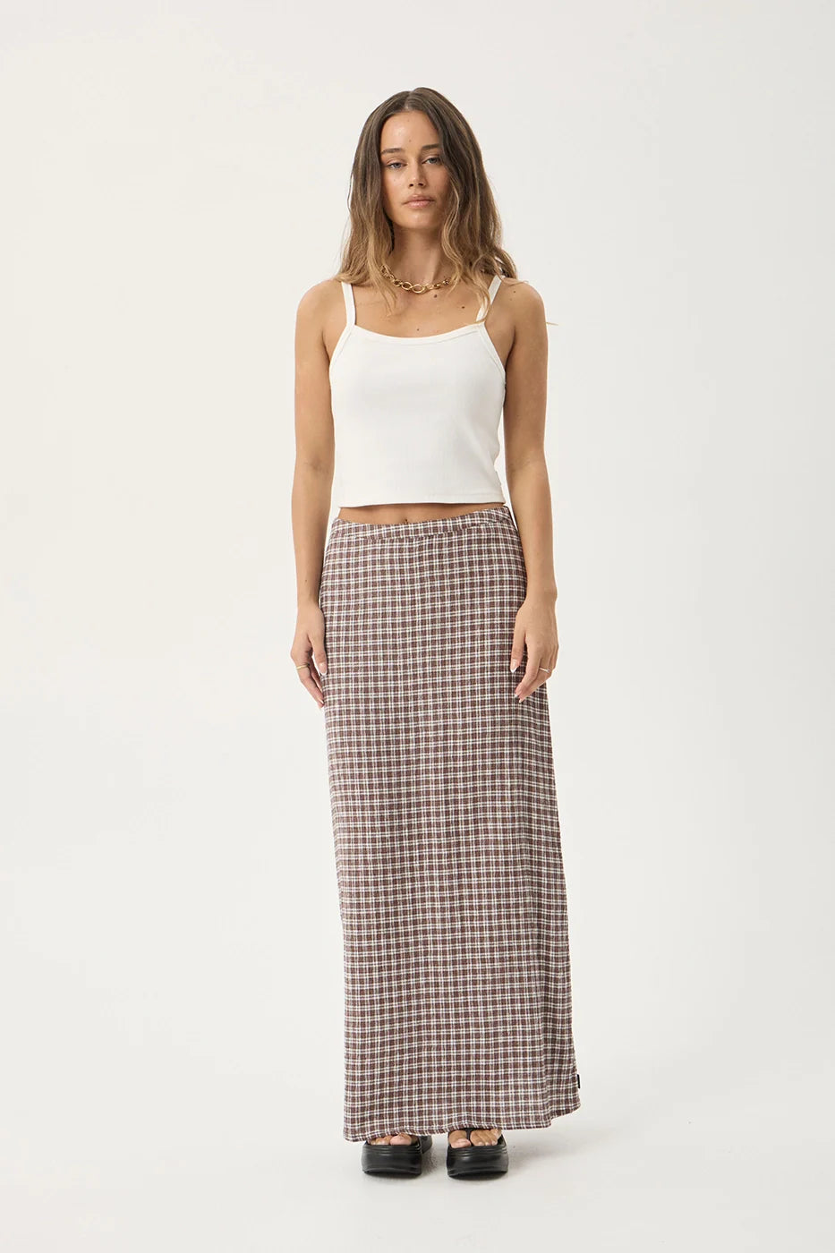 AFENDS Womens Lita - Seersucker Maxi Skirt - Base Coffee Check