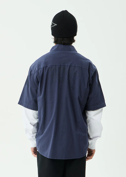 AFENDS Mens Supply - Workwear Short Sleeve Shirt - Washed Deep Sea