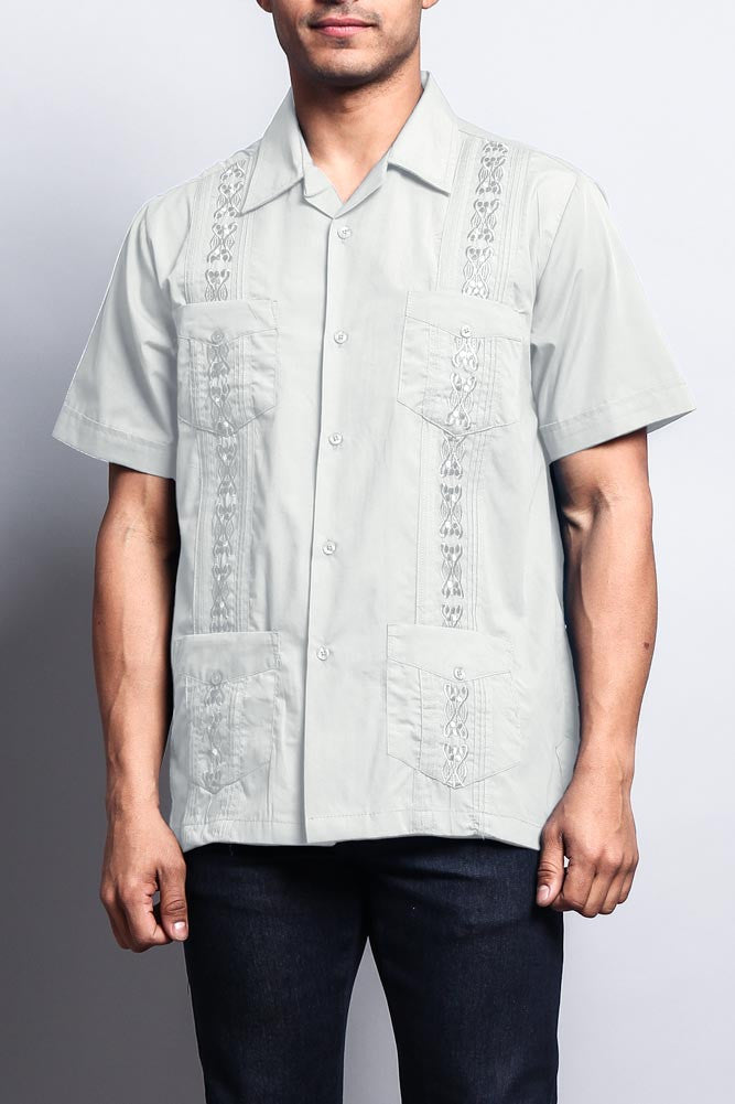 Men's Short Sleeve Cuban Style Guayabera Shirt (Light Grey)