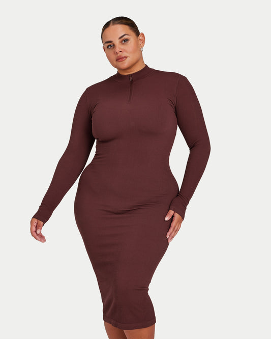 Womens Ribbed Base Long Sleeve Midi Dress