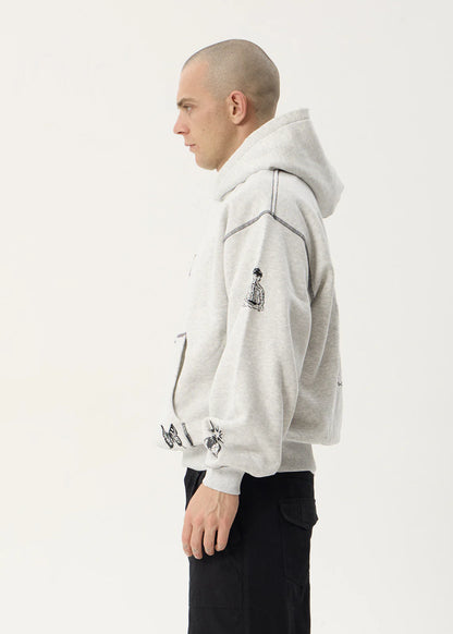 AFENDS Mens Spiritual - Distressed Boxy Hood - Grey Marle