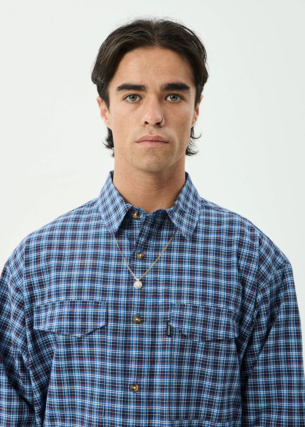 AFENDS Mens Mountains - Oversized Long Sleeve Shirt - Navy Check