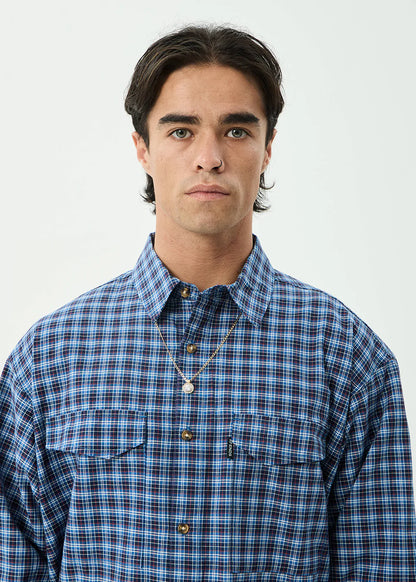AFENDS Mens Mountains - Oversized Long Sleeve Shirt - Navy Check