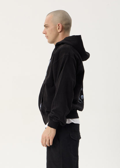 AFENDS Mens Scorpius - Distressed Boxy Zip Hood - Stone Black