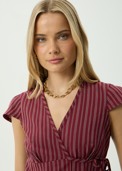 AFENDS Womens Ledger - Wrap Top - Burgundy Stripe