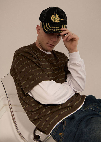 AFENDS Mens Eureka - Boxy Tee - Coffee Stripe