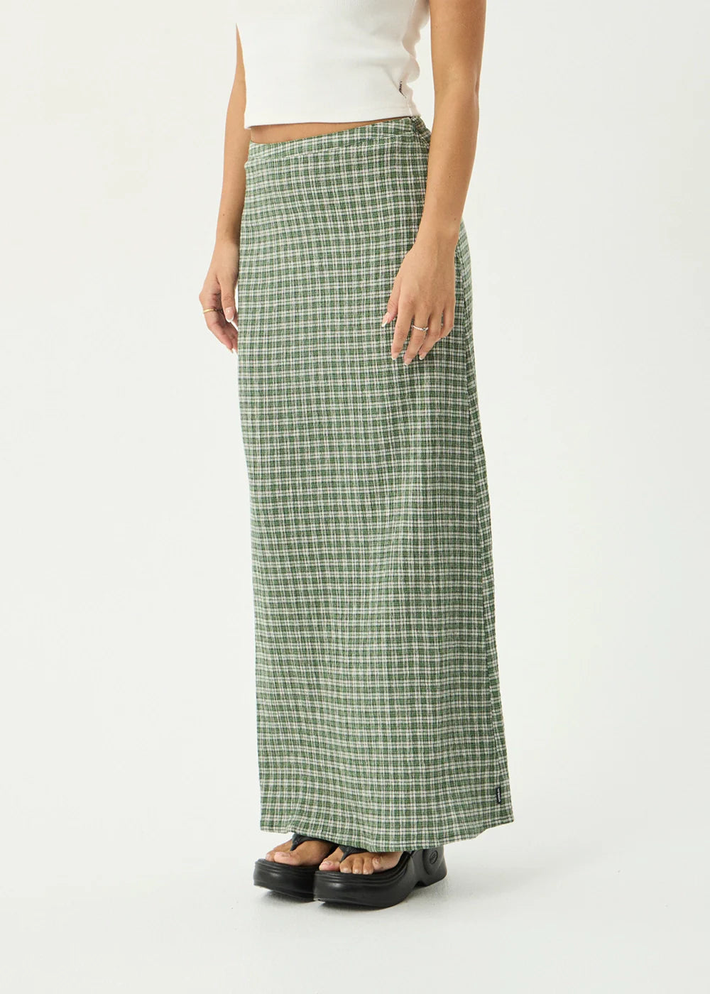 AFENDS Womens Lita - Seersucker Maxi Skirt - Base Deep Green Check
