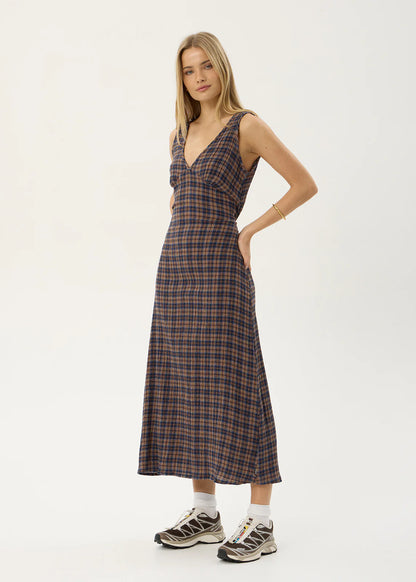 AFENDS Womens Tully - Seersucker Maxi Dress - Shev Indigo Check