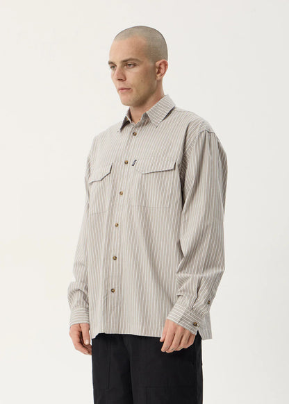 AFENDS Mens Lennox - Oversized Long Sleeve Shirt - Olive Stripe