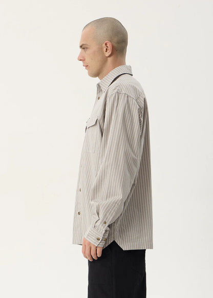 AFENDS Mens Lennox - Oversized Long Sleeve Shirt - Olive Stripe