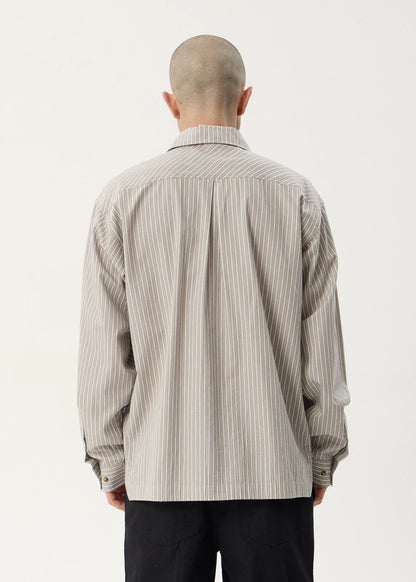 AFENDS Mens Lennox - Oversized Long Sleeve Shirt - Olive Stripe