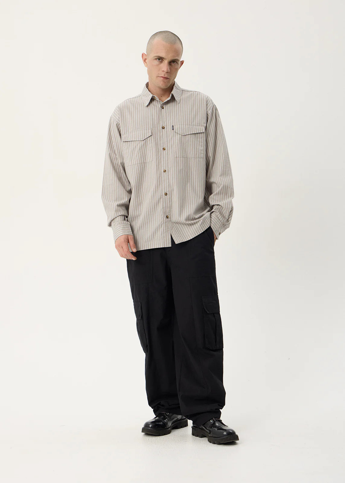 AFENDS Mens Lennox - Oversized Long Sleeve Shirt - Olive Stripe