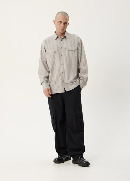 AFENDS Mens Lennox - Oversized Long Sleeve Shirt - Olive Stripe