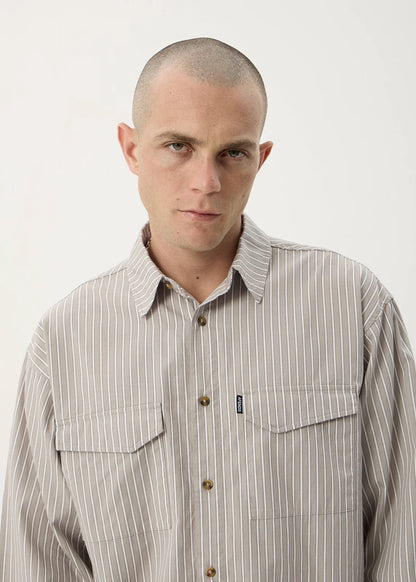 AFENDS Mens Lennox - Oversized Long Sleeve Shirt - Olive Stripe