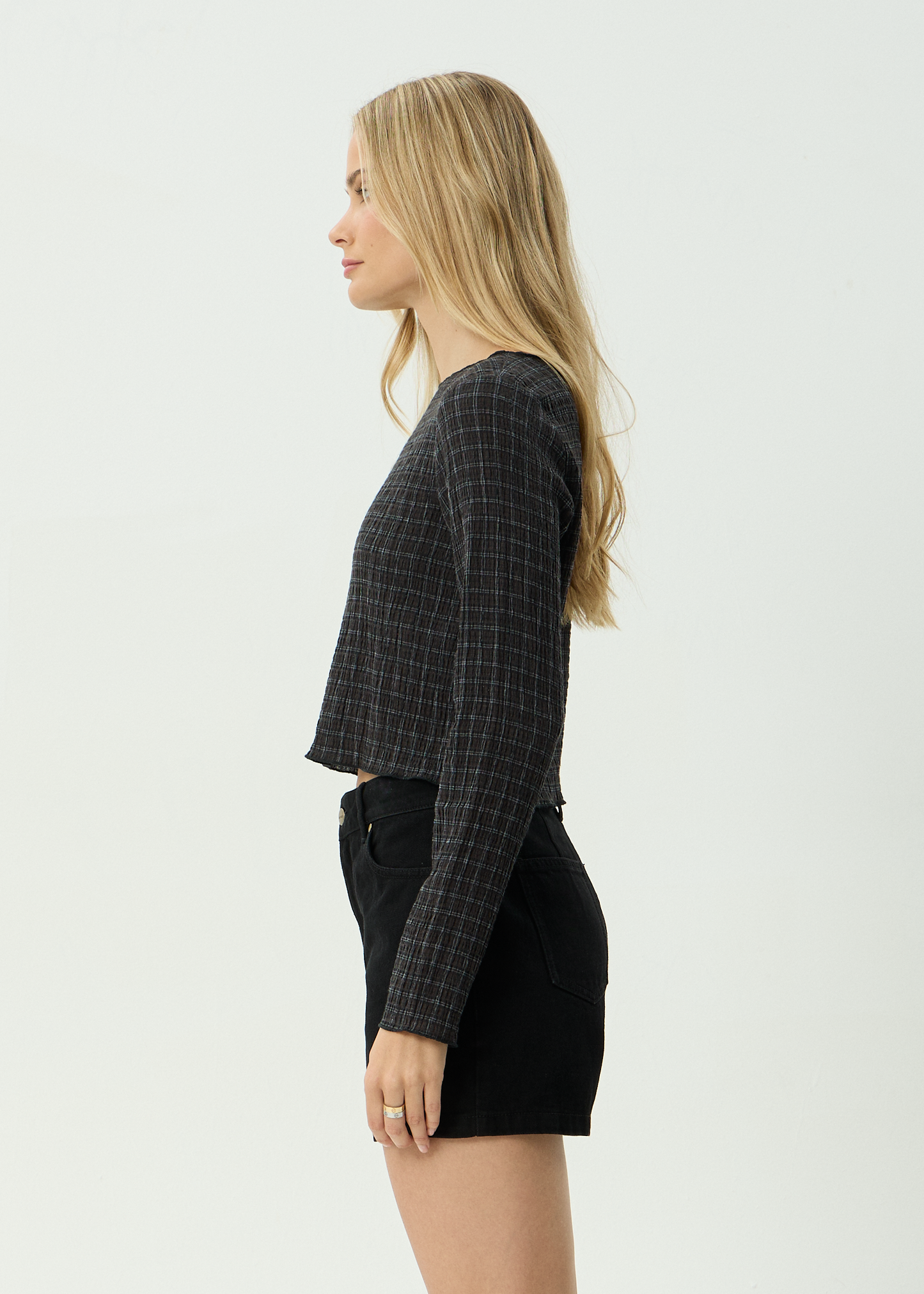 AFENDS Womens Focus - Seersucker Long Sleeve Top - Black Check