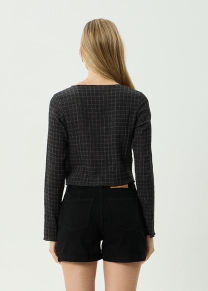 AFENDS Womens Focus - Seersucker Long Sleeve Top - Black Check