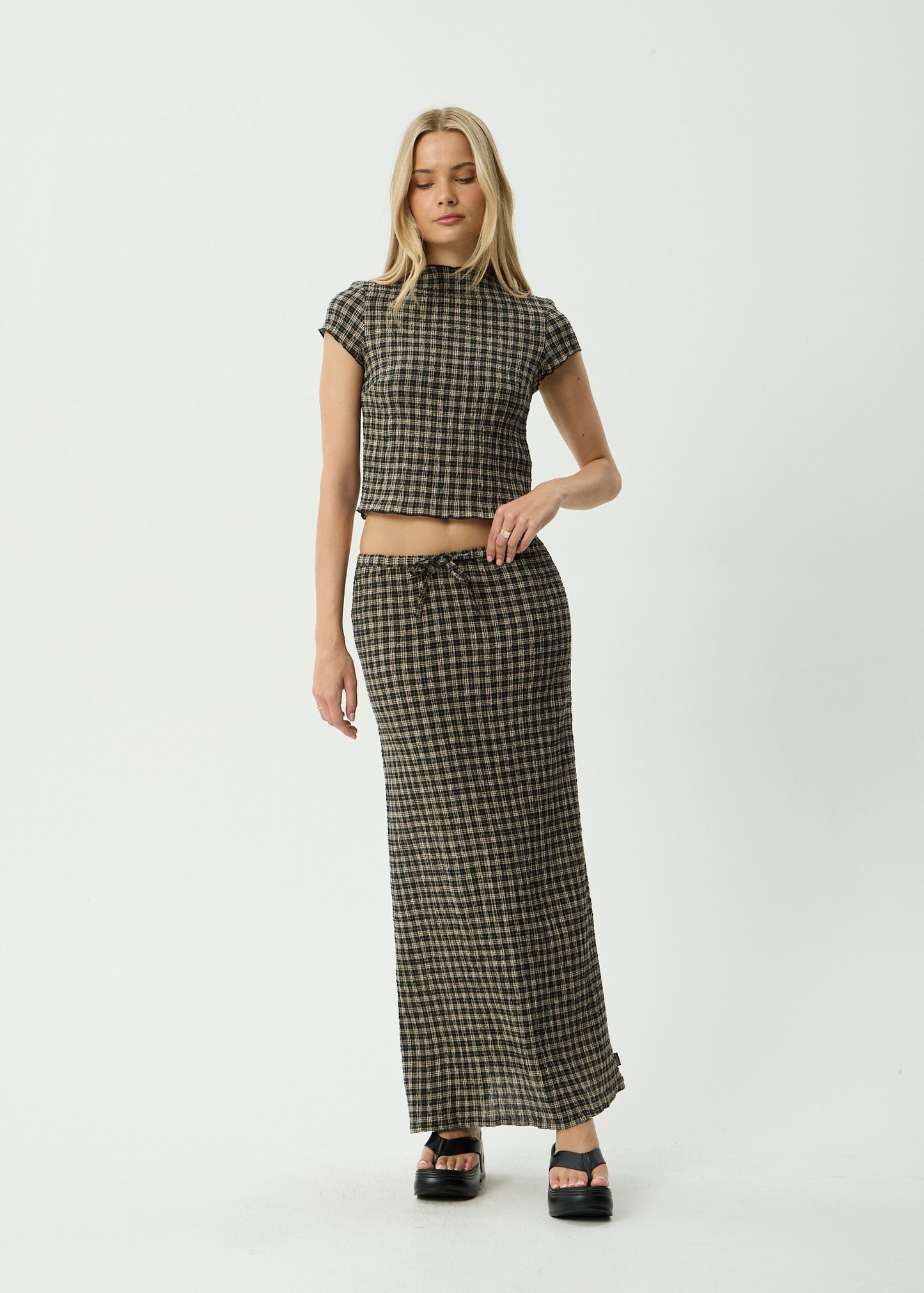 AFENDS Womens Wren - Seersucker Top - Tan / Olive Check