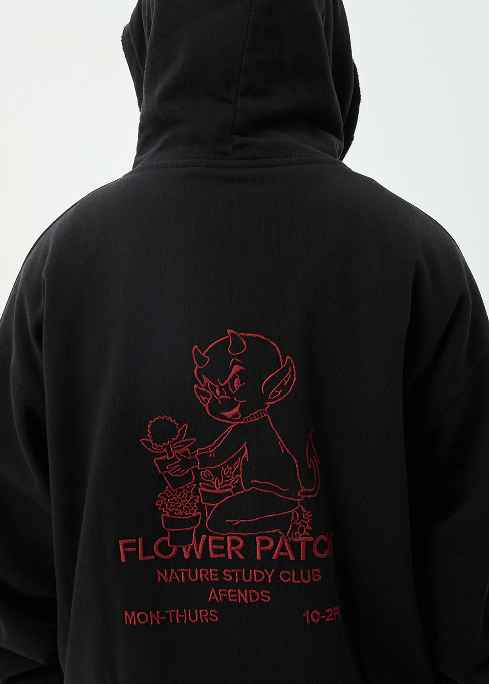 AFENDS Mens Flower Patch - Boxy Zip Hood - Stone Black